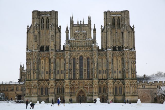 Wells Cathedral and its magnificent West Front in the snow